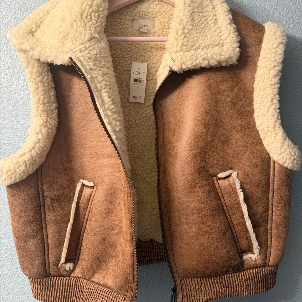 LOFT Tan Shearling Vest with Cream Lining
